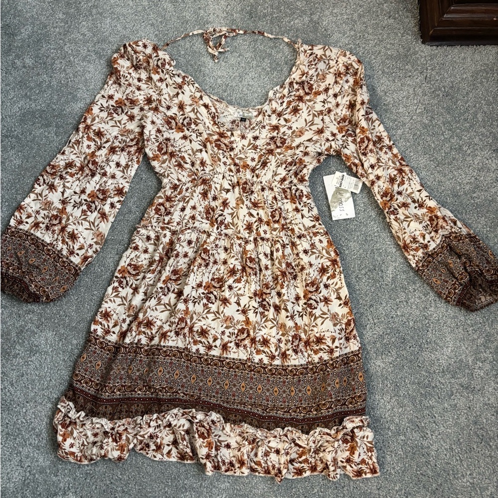 Boho Floral V-Neck Long Sleeve Dress in Cream and Brown